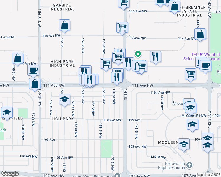 map of restaurants, bars, coffee shops, grocery stores, and more near 11101 151 Street Northwest in Edmonton