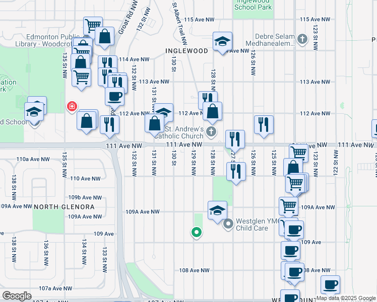 map of restaurants, bars, coffee shops, grocery stores, and more near 11115 130 Street Northwest in Edmonton