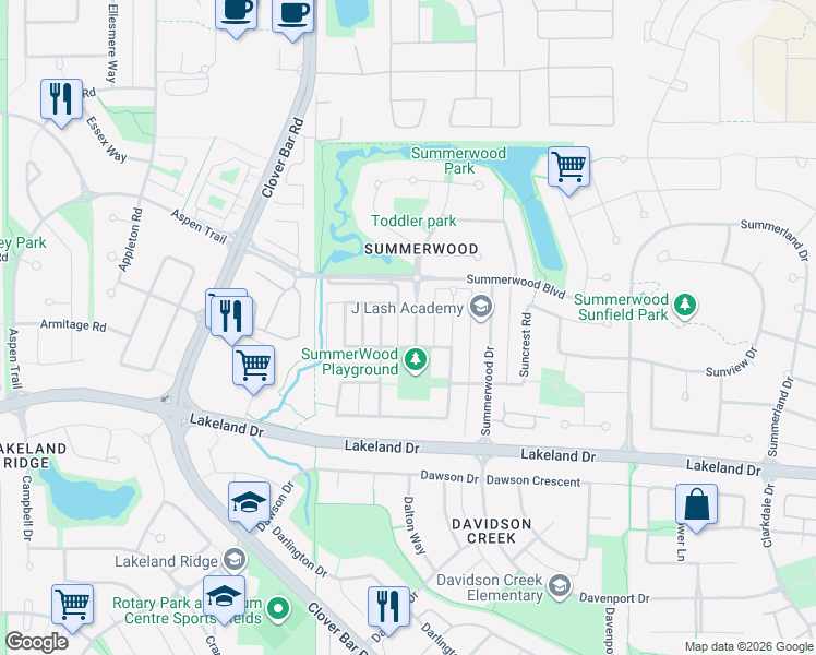 map of restaurants, bars, coffee shops, grocery stores, and more near 21 Summerland Way in Sherwood Park