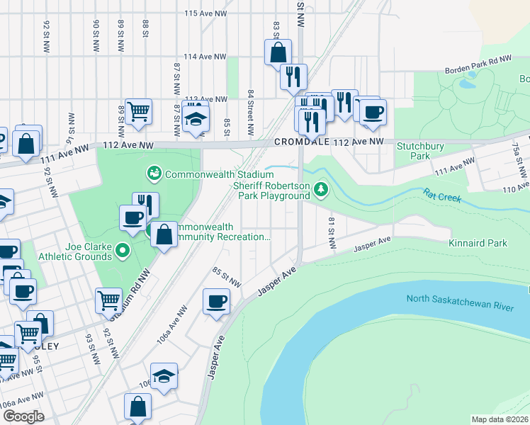 map of restaurants, bars, coffee shops, grocery stores, and more near 11020 83 Street Northwest in Edmonton