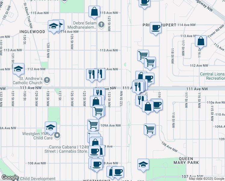 map of restaurants, bars, coffee shops, grocery stores, and more near in Edmonton