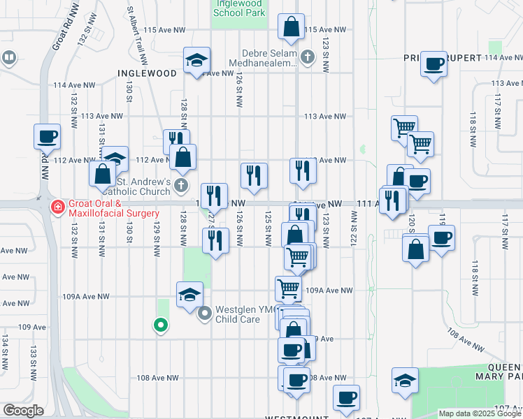 map of restaurants, bars, coffee shops, grocery stores, and more near 11102 125 Street Northwest in Edmonton