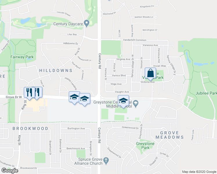 map of restaurants, bars, coffee shops, grocery stores, and more near 3 Vega Avenue in Spruce Grove