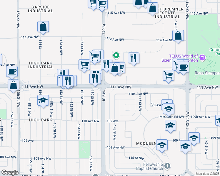 map of restaurants, bars, coffee shops, grocery stores, and more near 14805 111 Avenue Northwest in Edmonton