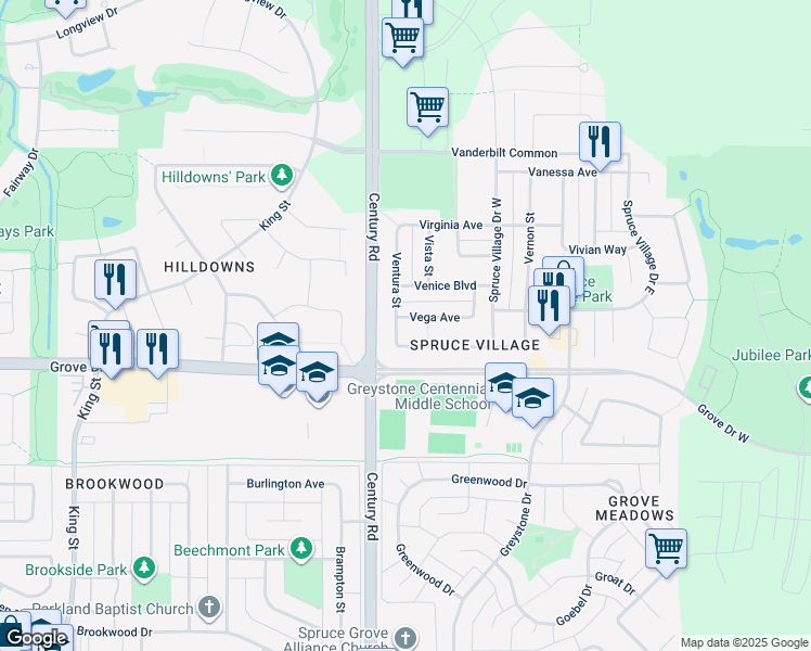 map of restaurants, bars, coffee shops, grocery stores, and more near 3 Vega Avenue in Spruce Grove