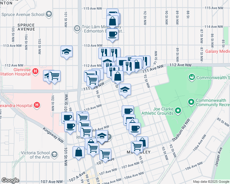 map of restaurants, bars, coffee shops, grocery stores, and more near 11030 95 Street in Edmonton