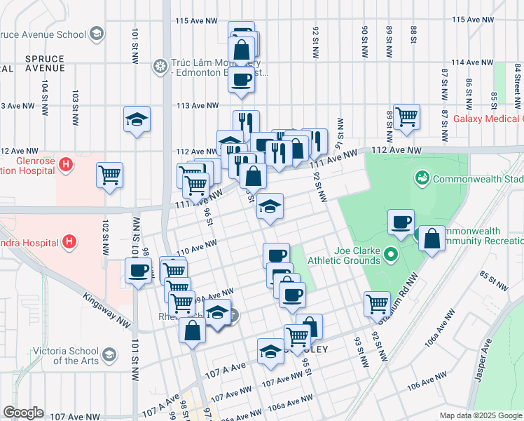 map of restaurants, bars, coffee shops, grocery stores, and more near 9267 110A Avenue Northwest in Edmonton