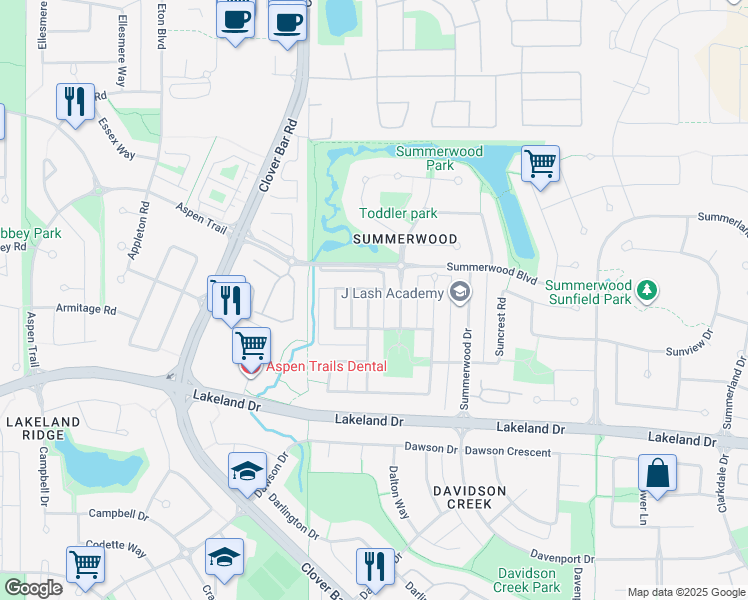 map of restaurants, bars, coffee shops, grocery stores, and more near 33 Summerton Landing in Sherwood Park