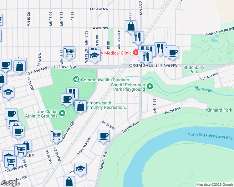 map of restaurants, bars, coffee shops, grocery stores, and more near 11023 B 85 Street Northwest in Edmonton