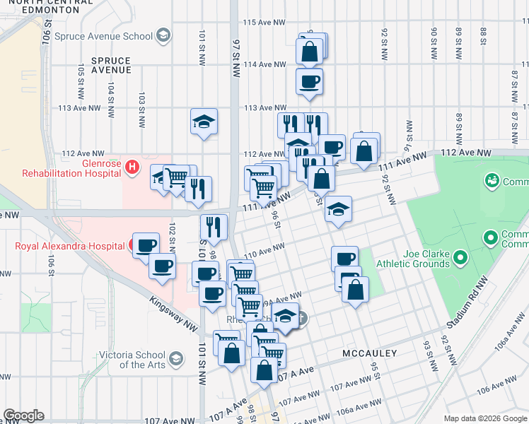 map of restaurants, bars, coffee shops, grocery stores, and more near 9611 111 Avenue Northwest in Edmonton