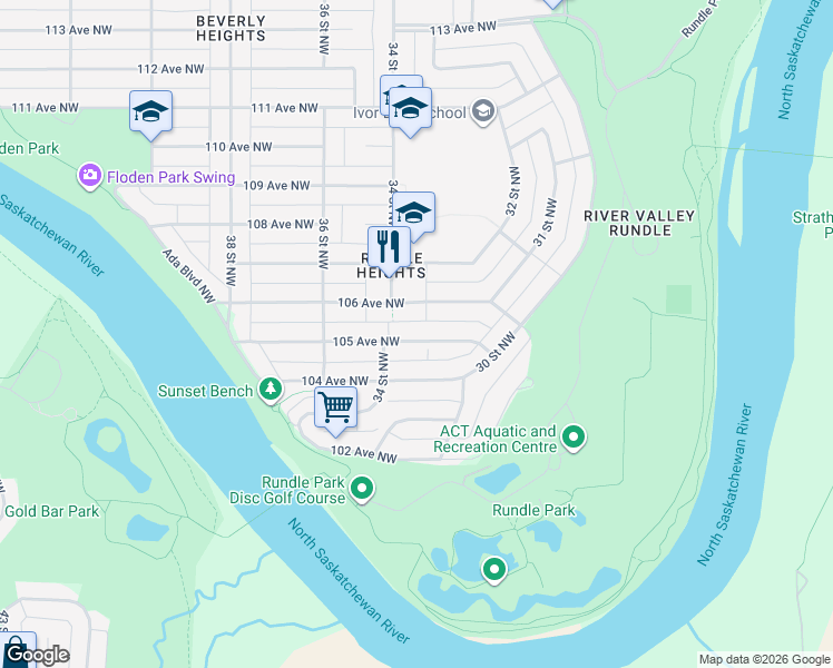 map of restaurants, bars, coffee shops, grocery stores, and more near 3312 105 Avenue Northwest in Edmonton