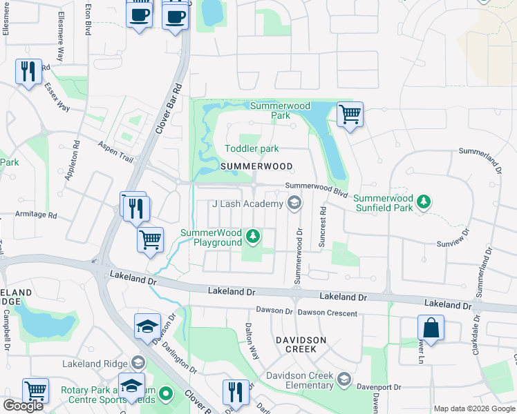 map of restaurants, bars, coffee shops, grocery stores, and more near 21 Summerland Way in Sherwood Park