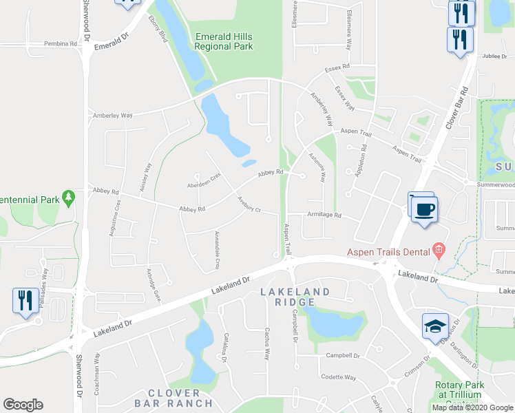 map of restaurants, bars, coffee shops, grocery stores, and more near 43 Avebury Court in Sherwood Park