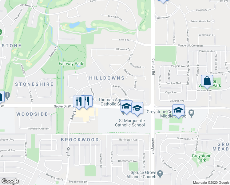 map of restaurants, bars, coffee shops, grocery stores, and more near 56 Hammett Gate in Spruce Grove