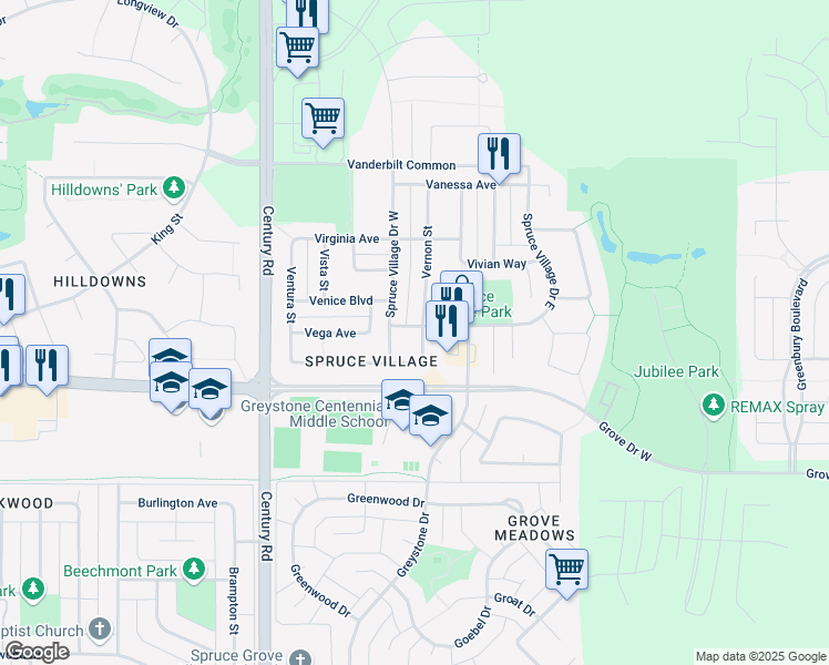 map of restaurants, bars, coffee shops, grocery stores, and more near 13 Vernon Street in Spruce Grove
