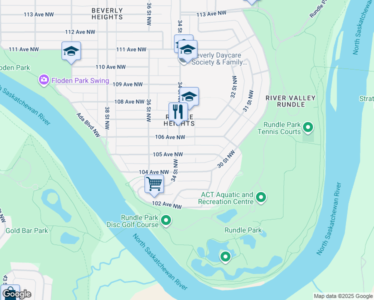 map of restaurants, bars, coffee shops, grocery stores, and more near 3220 105 Avenue Northwest in Edmonton