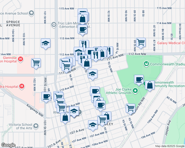 map of restaurants, bars, coffee shops, grocery stores, and more near 9267 110A Avenue Northwest in Edmonton