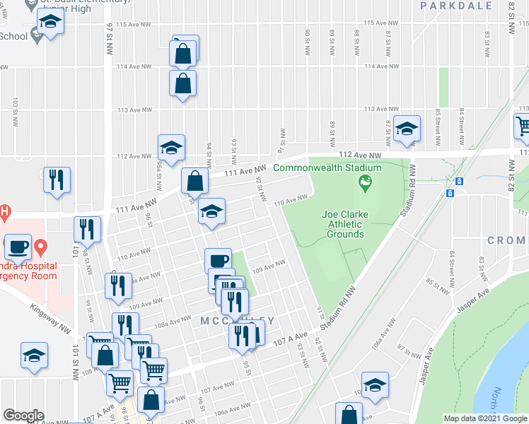 map of restaurants, bars, coffee shops, grocery stores, and more near 11010 92 Street Northwest in Edmonton