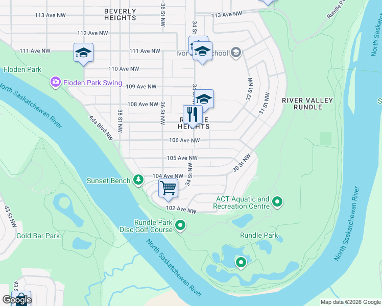 map of restaurants, bars, coffee shops, grocery stores, and more near 3320 105 Avenue Northwest in Edmonton