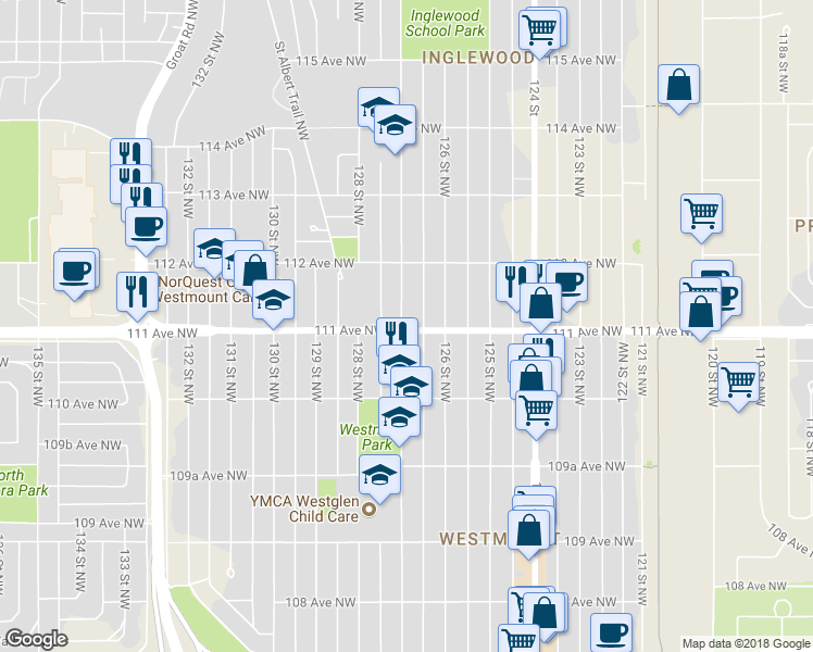 map of restaurants, bars, coffee shops, grocery stores, and more near 11103 127 Street Northwest in Edmonton
