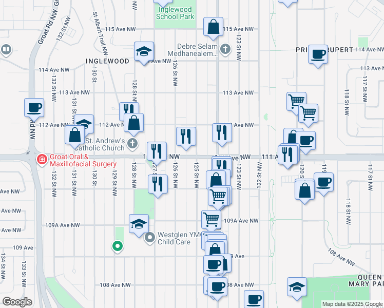 map of restaurants, bars, coffee shops, grocery stores, and more near 11102 125 Street Northwest in Edmonton
