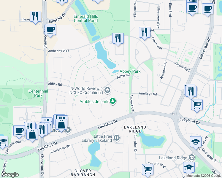 map of restaurants, bars, coffee shops, grocery stores, and more near 14 Avebury Court in Sherwood Park