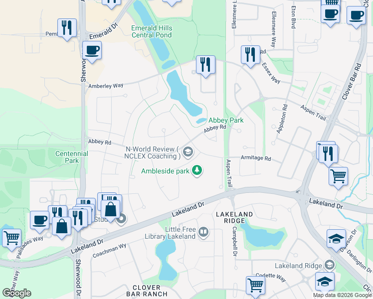 map of restaurants, bars, coffee shops, grocery stores, and more near 14 Avebury Court in Sherwood Park