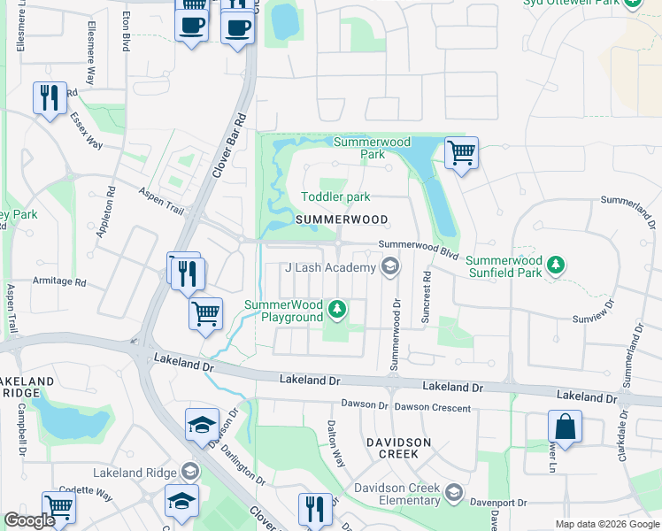 map of restaurants, bars, coffee shops, grocery stores, and more near 21 Summerland Way in Sherwood Park
