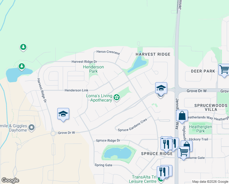 map of restaurants, bars, coffee shops, grocery stores, and more near 47 Hartwick Gate in Spruce Grove