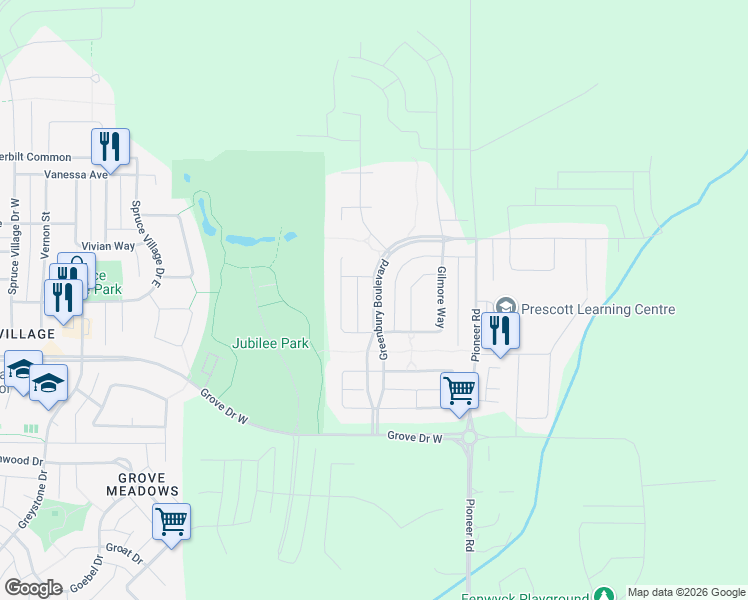map of restaurants, bars, coffee shops, grocery stores, and more near 62 Greenbury Boulevard in Spruce Grove