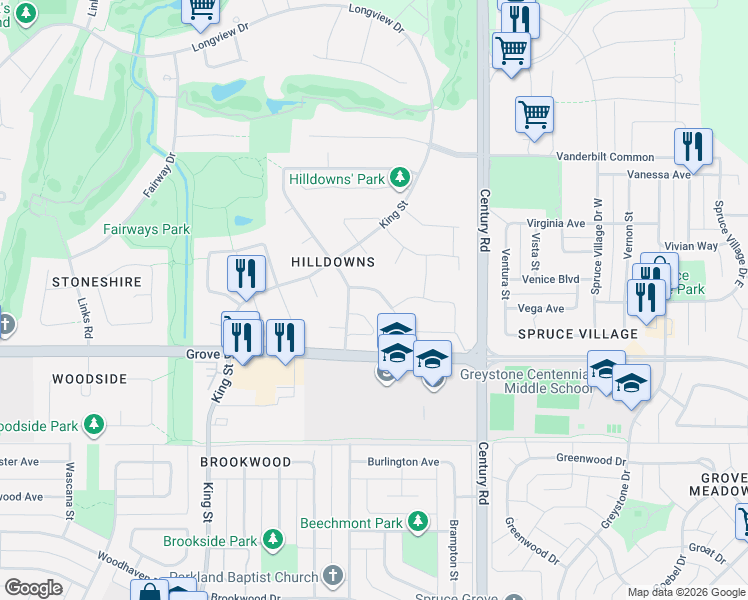 map of restaurants, bars, coffee shops, grocery stores, and more near 56 Hammett Gate in Spruce Grove