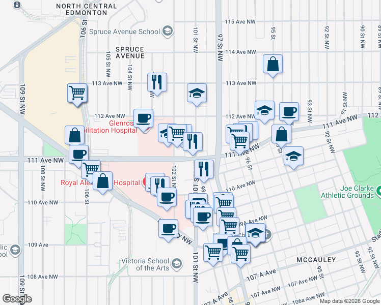 map of restaurants, bars, coffee shops, grocery stores, and more near 10106 111 Avenue Northwest in Edmonton