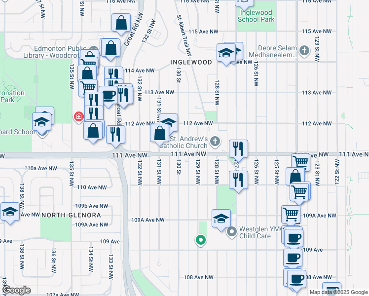 map of restaurants, bars, coffee shops, grocery stores, and more near 11115 130 Street Northwest in Edmonton