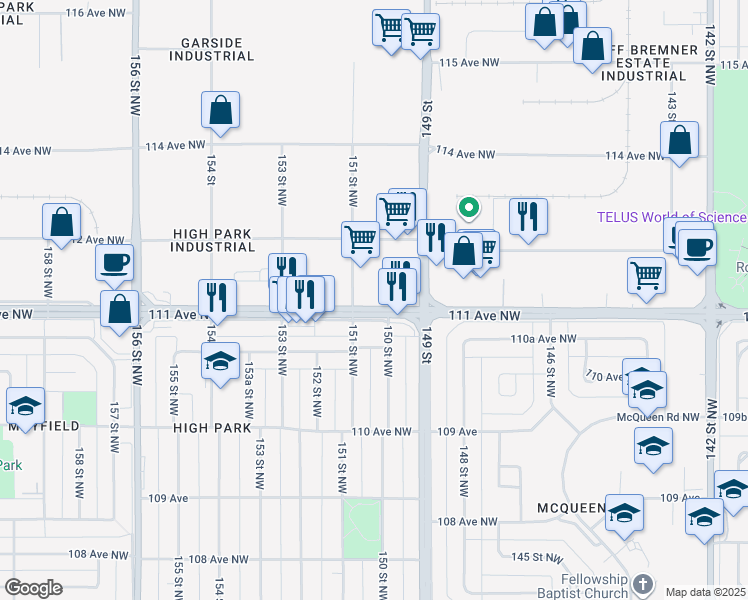 map of restaurants, bars, coffee shops, grocery stores, and more near 11101 151 Street Northwest in Edmonton