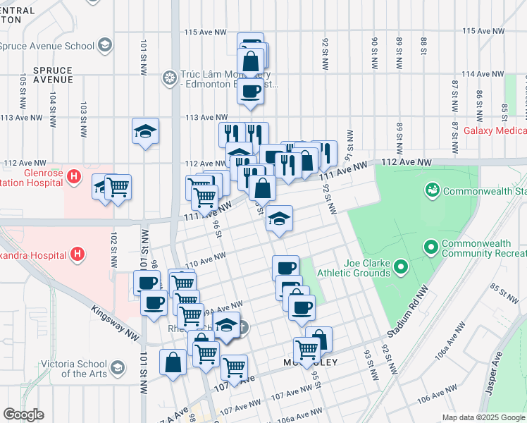 map of restaurants, bars, coffee shops, grocery stores, and more near 11043 95 Street Northwest in Edmonton