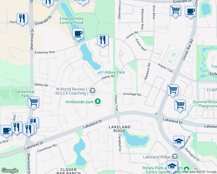 map of restaurants, bars, coffee shops, grocery stores, and more near 43 Avebury Court in Sherwood Park