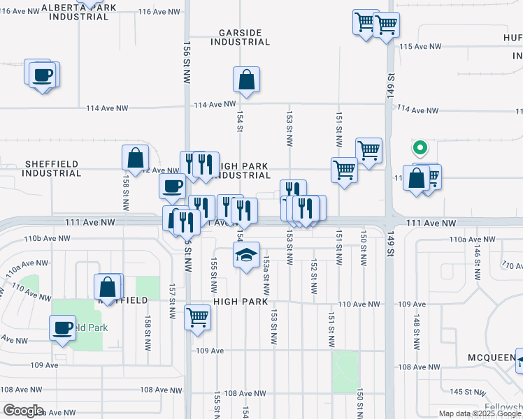 map of restaurants, bars, coffee shops, grocery stores, and more near 15342 111 Avenue Northwest in Edmonton