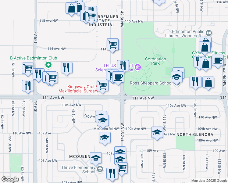 map of restaurants, bars, coffee shops, grocery stores, and more near 14224 111 Avenue Northwest in Edmonton