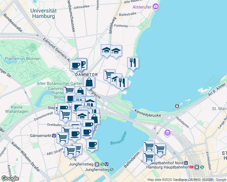 map of restaurants, bars, coffee shops, grocery stores, and more near 1 Alsterufer in Hamburg