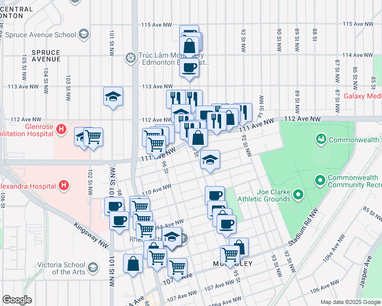 map of restaurants, bars, coffee shops, grocery stores, and more near 11030 95 Street in Edmonton