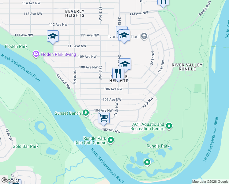 map of restaurants, bars, coffee shops, grocery stores, and more near 3320 105 Avenue Northwest in Edmonton