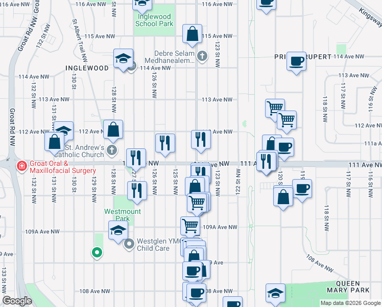 map of restaurants, bars, coffee shops, grocery stores, and more near in Edmonton