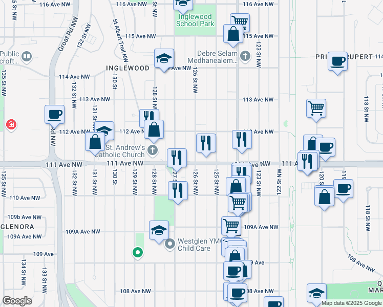 map of restaurants, bars, coffee shops, grocery stores, and more near in Edmonton