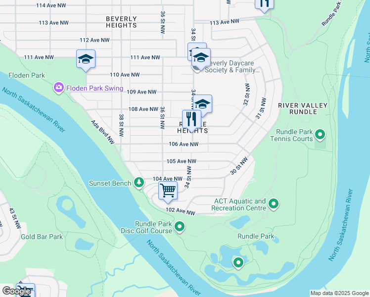 map of restaurants, bars, coffee shops, grocery stores, and more near 3415 106 Avenue Northwest in Edmonton