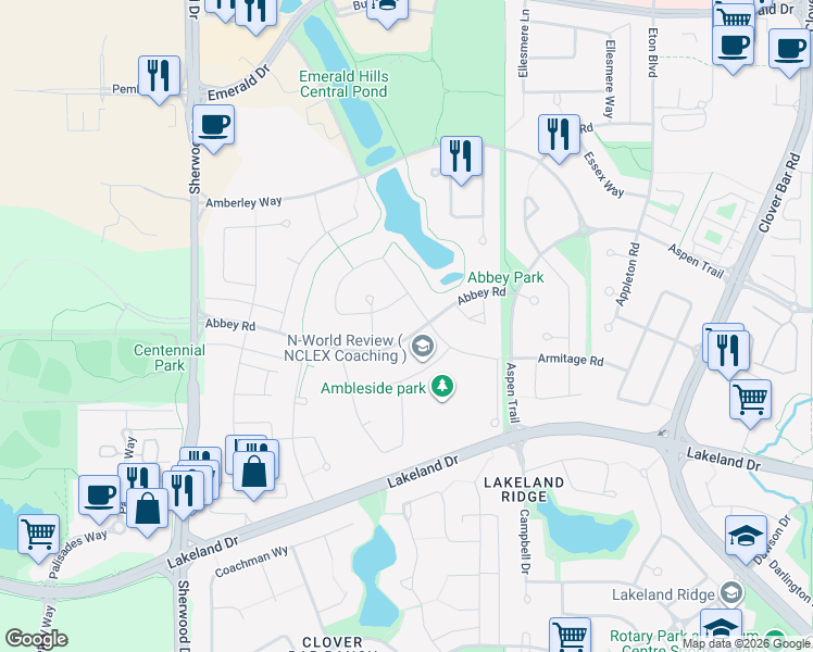 map of restaurants, bars, coffee shops, grocery stores, and more near 118 Abbey Road in Sherwood Park