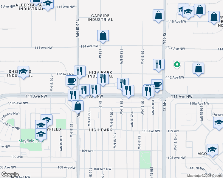 map of restaurants, bars, coffee shops, grocery stores, and more near 15342 111 Avenue Northwest in Edmonton