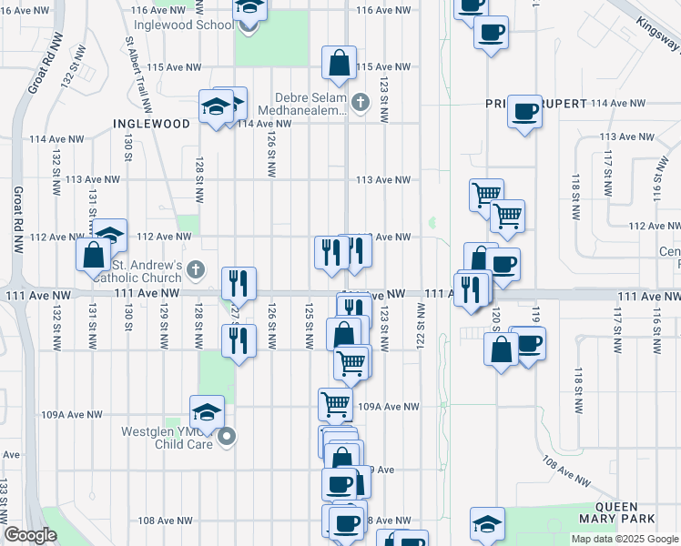 map of restaurants, bars, coffee shops, grocery stores, and more near 11118 124 Street Northwest in Edmonton