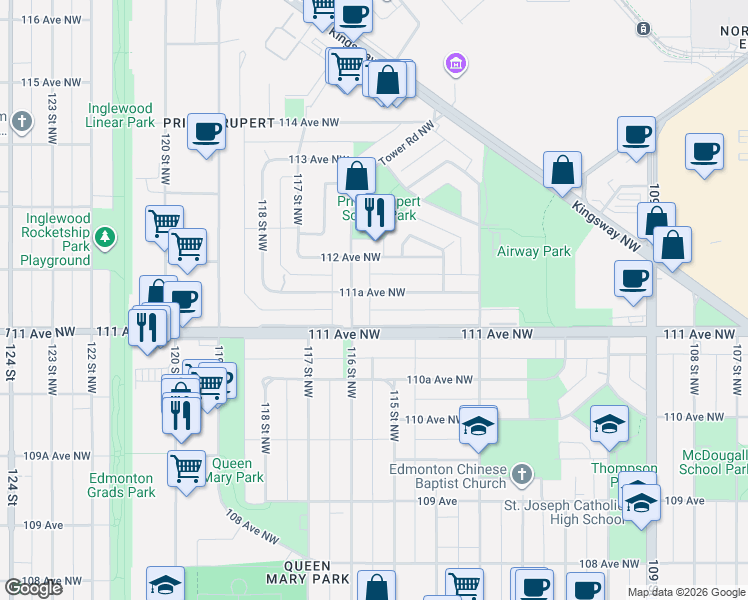 map of restaurants, bars, coffee shops, grocery stores, and more near 11368 111 Avenue Northwest in Edmonton
