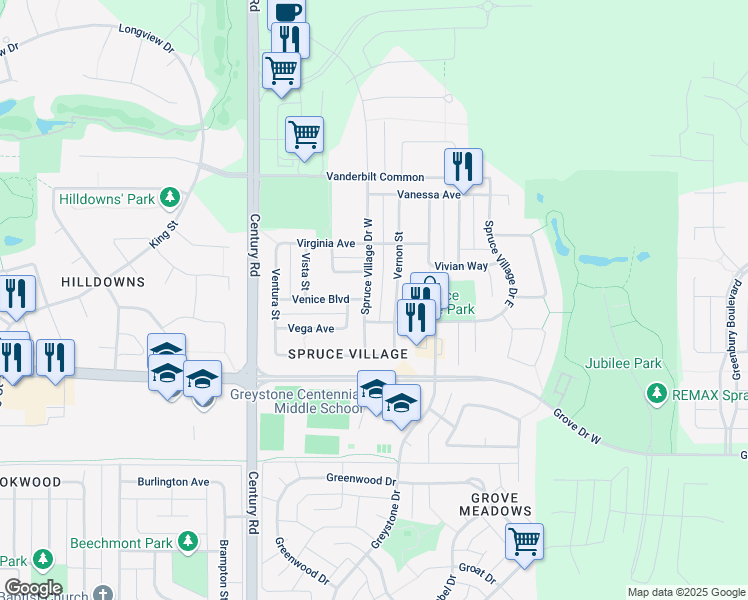 map of restaurants, bars, coffee shops, grocery stores, and more near 28 Spruce Village Drive West in Spruce Grove