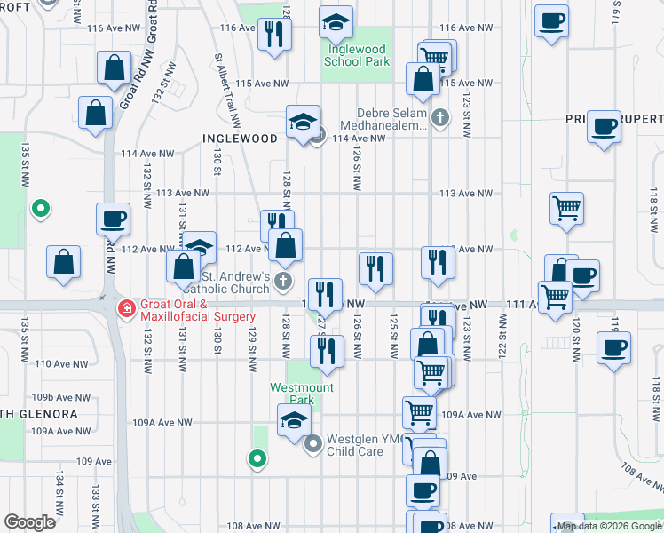 map of restaurants, bars, coffee shops, grocery stores, and more near 11147 127 Street Northwest in Edmonton